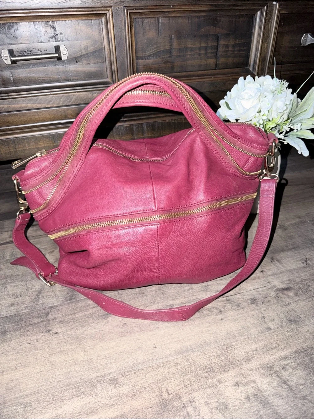Oxblood red zippered Leather satchel crossbodyBag Bag